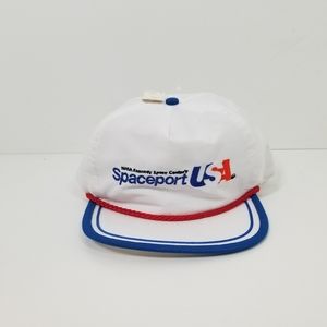 Vtg NOS NASA Spaceport Red White Blue Embroidered Logo Leather Snapback Hat Cap